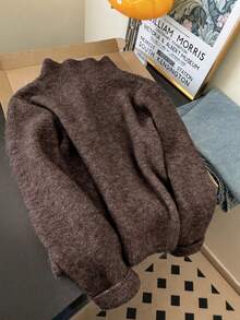 Women's Stand Collar Zip-Up Knit Cardigan Sweater Jacket, Autumn/Winter - Brown - View 3