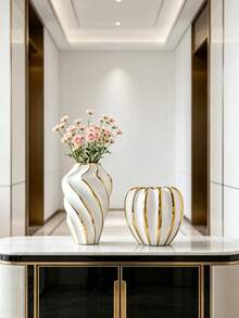 White Gold Fluted Rim Ceramic Flower Vase, 1 Piece Luxury Tabletop Ornament - 1PC - View 6