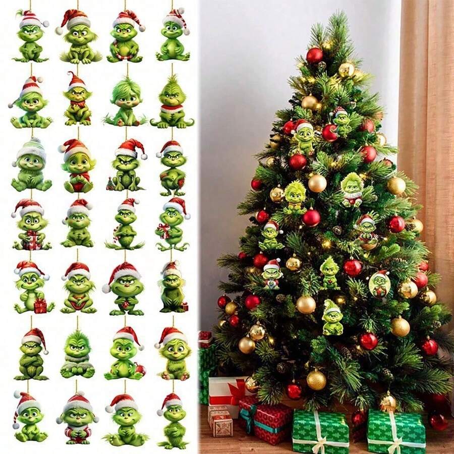 The Grinch 12 قطعة من زينة عيد الميلاد، زينة معلقة، ديكور شجرة عيد الميلاد المرح للمنزل Grin-Ch 2D (نمط عشوائي) - B - مشاهدة 1