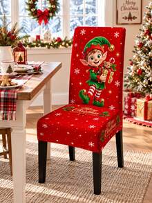 1pc Red Christmas Elf Dining Chair Cover, Cute Cartoon Elf Snowflake Merry Christmas Print, Stretch Spandex High Back Full Coverage Slipcover, Removable Washable Chair Protector For Kitchen Dining Room Holiday Party - Multicolor - View 5
