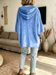 Women's Solid Color Velvet Hooded Top, Drop Shoulder 3/4 Sleeve, Drawstring Loose Casual Sweatshirt - Sky Blue - View 3