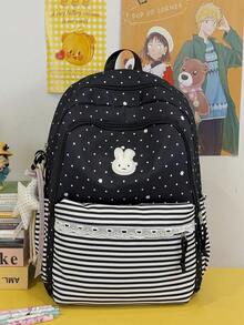 Sweet Polka Dot Stripe Lace Backpack, Cute Girl Large Capacity Student School Bag, Multi-Compartment Backpack For Elementary, Middle And High School Students, Children Daily Commute, Travel, Shopping, Campus Casual Backpack, Girls Rabbit Embroidery Star Pendant, Academy Style Multiple Colors Available - A - View 12