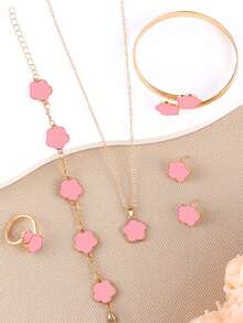 6pcs/Set Lucky 4-Leaf Clover Design Bracelet, Necklace, Earrings, Bangle And Ring Set - Pink - View 3