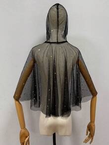 1pc Black Shiny Mesh Hooded Halloween Party Mid-Length Costume Cape - Multicolor - View 2