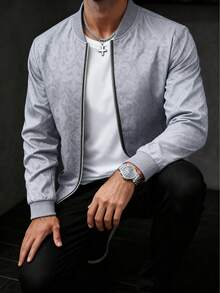 男士黑色飛行員夾克，全拉鍊休閒外套，適合春秋穿著，戶外通勤休閒夾克，高品質男士禮物 - 灰色 - 查看 5