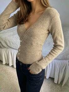 Women's Khaki Knit V-Neck Button Decor Pullover Sweater, Autumn/Winter - Khaki - View 5