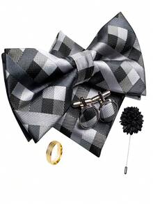5Pcs Men Grey Plaid Bow Tie Pocket Square Cufflinks Ring Boutonniere Set, Cufflinks Pattern Random For Wedding Business Party - Grey - View 1