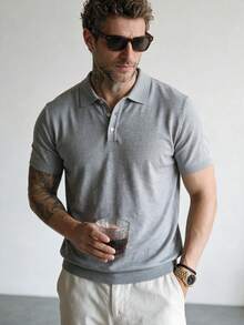 Men's Solid Color Knit Polo Short Sleeve Heather Grey Turn Collar Minimalist Basic Business Casual Knit Sweater - Grey - View 1