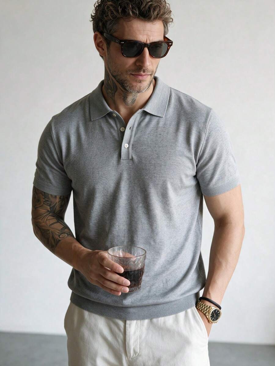 Men's Solid Color Knit Polo Short Sleeve Heather Grey Turn Collar Minimalist Basic Business Casual Knit Sweater - Grey - View 1