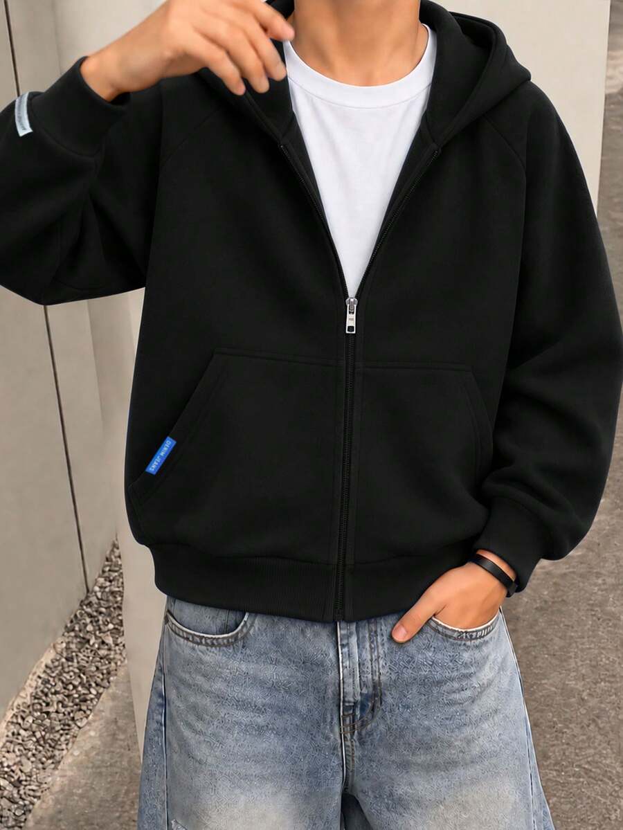 1pc Tween Boys Casual Solid Color Fleece Zip-Up Hoodie Jacket, Warm - Black - View 1