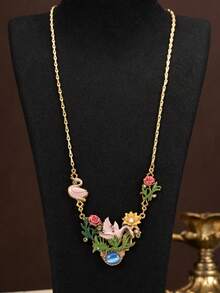 Fashionable Royal Style Green Diamond Inlaid Garden Swan And Enamel Floral Necklace Or Earrings For Women, Wedding, Party, Everyday Wear, Gift - Necklace - View 3