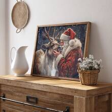 1PC Unframed Santa And Reindeer Canvas Wall Art, Vintage Warm Christmas Snowy Scene Print, Nostalgic Santa Kissing Reindeer Winter Holiday Wall Decor For Living Room - 111 - View 4