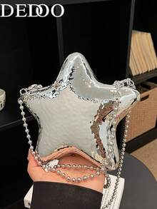 Dedoo 女款斜挎包 星形硬殼包 純色鏡面光澤 金屬感 珠飾鏈條肩帶 極小收納空間 未來感風格 適合女性派對與約會 - 銀色 - 查看 6