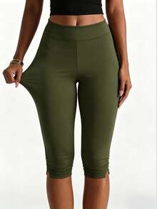 XLLAIS Women's Summer Olive Green Elastic Casual Sports Fitness Pants With Split Hem, Capri Length - View 9
