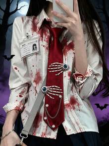 1pc Gothic Halloween Red Necktie With Skeleton Hand & Eyeball Decor, Metal Chain Punk Cosplay Tie - Multicolor - View 9