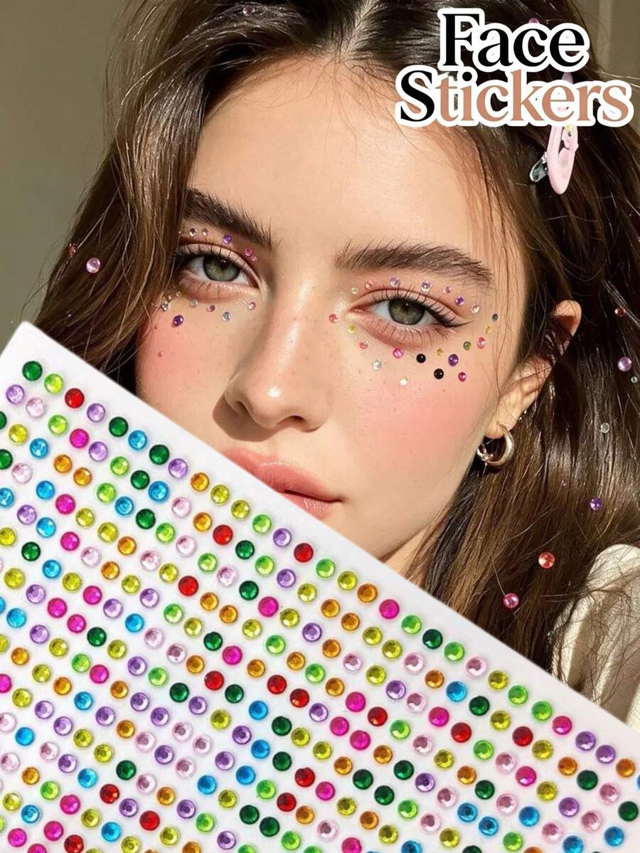 1pc Autumn Christmas New Colorful 3mm Rhinestone Face Stickers, Random Diamond Color, For Face And Head Makeup Decoration And Beautification, Y2K Style, Suitable For Music Festivals, Children's Day, Christmas And More - Multicolor - View 1