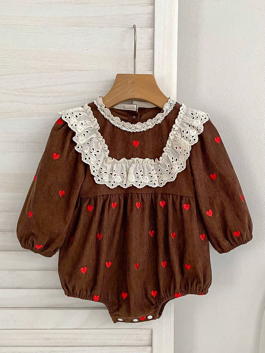 Vintage Style Baby Corduroy Romper With Heart Print, Long Sleeve Lace Trim Triangle Bodysuit For Girls, Spring/Autumn