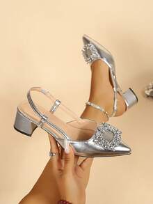Elegant Women's Slingback Sandals, Silver Shiny Rhinestone Square Buckle Pointed Toe Chunky Heel Fashion High Heels, Versatile Party Wedding Women's Sandals - Silver - View 4