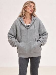 Women's New Minimalist Casual Comfortable Knit Short Zip-Up Hooded Cardigan Jacket, Long Sleeve Design, Perfect Choice For Warm Winter Fashion - Grey - View 6