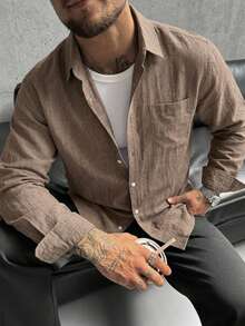Men's Coffee Color Patch Pocket Vacation Style Short Sleeve Shirt - Khaki - View 4
