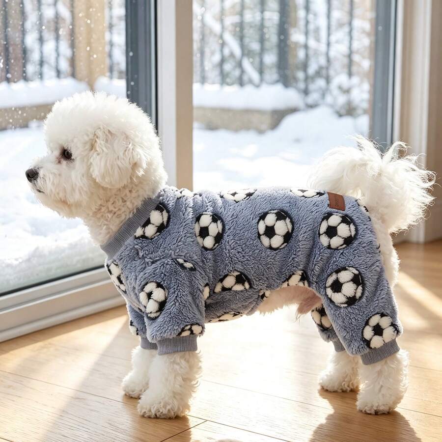 1pc Pet Dog , Sports Football Print Plush Pet Four-Legged Outfit, Suitable For Small/Medium Dogs, Puppies, Cats, For Outdoor And Indoor Wear In Cold Autumn/Winter Weather - Light Grey - View 1