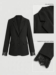 Women's Elegant Black Long Sleeve Blazer, Lace Cuff Detail Design, Perfect For Creating Sophisticated Preppy Style, Suitable For Dating, Office, Back To School Season Outfits, Lightweight Blazer - Black - View 7