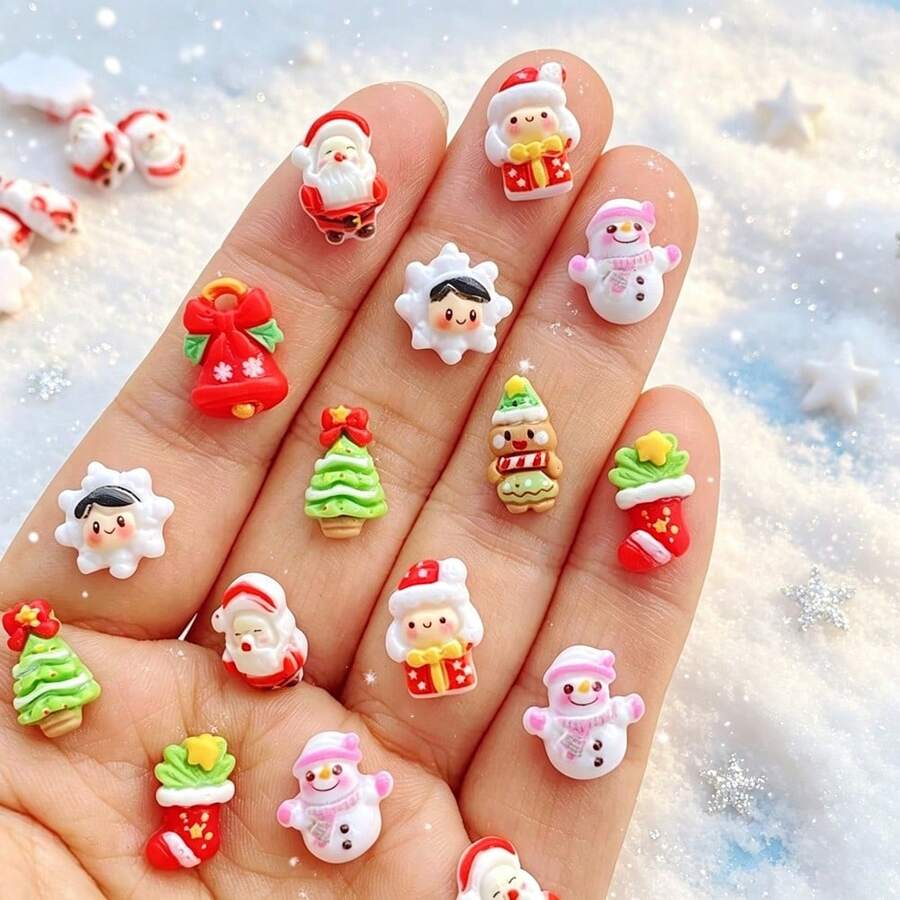 32/68 piezas Nuevos y lindos mini adornos de Navidad mezclados de Papá Noel, muñeco de nieve, árbol de Navidad, copo de nieve con espalda plana de strass - Adecuado para scrapbooking, decoración de boda DIY, fabricación de joyas - El regalo de Navidad perfecto - Multicolor - Ver 1
