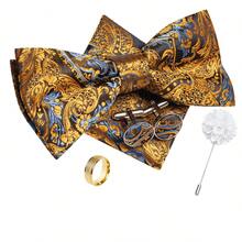 5Pcs Men Formal Bow Tie Set, Yellow Tropical Plant Jacquard Pattern Pocket Square Cufflinks Ring Boutonniere, Cufflinks Pattern Random - Yellow - View 2