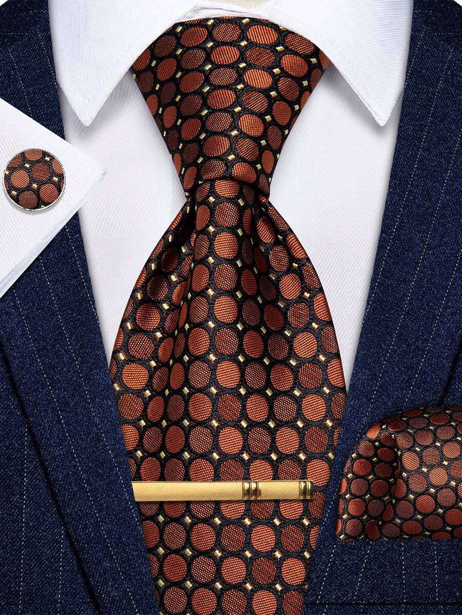 Orange Brown Geometric Polka Dot Pattern Men's Tie Handkerchief Cufflinks Gold Tie Clip 4pcs Set Business Matching - Orange - View 1
