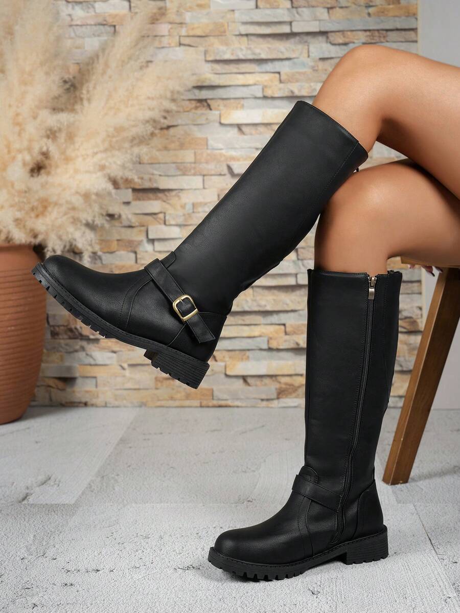 Fall/Winter 2025 Simple Fashion Women's Tall Boots, Non-Slip Comfortable Versatile Square Buckle Decor, British Style Plus Size Riding Boots
