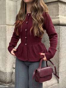 Just Masa Women's Fall Casual Button Up Ruffle Hem Sweater,Solid Color Long Sleeve Round Neck Rib-Knit Top,For Daily Wear,Going Out,Date,Christmas - Dark Red - View 5
