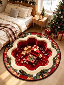1pc Christmas Theme Living Room Round Rug Gift Box Pattern Bedroom Decor Bedside Carpet, 3D Visual Effect Home Bay Window Plush Rug, Seasonal Decorative Mat, With Holiday Design, Christmas Decoration, Perfect Christmas Gift, Perfect Match For Christmas And New Year Celebration, Decorative Rug, Bedroom Decor, Small Rug, Carpet, Home Decor, Living Room Rug - Multicolor - View 4