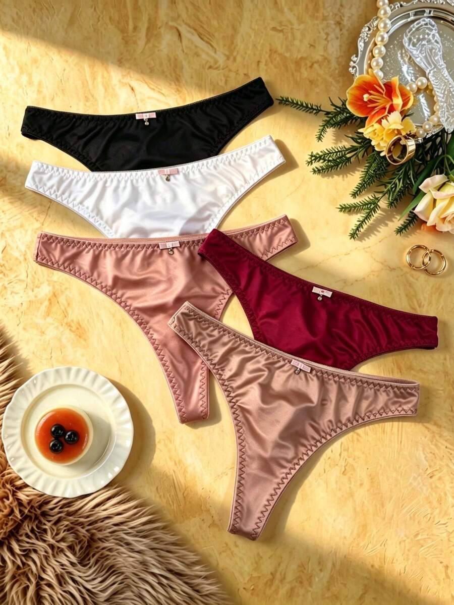 5pcs/Pack Satin Silky Thongs, Low Waist Pendant Style, Soft Skin-Friendly Daily Multi-Color Panties - Multicolor - View 1