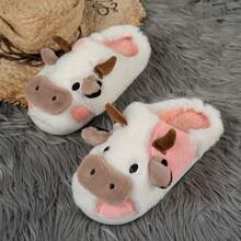 Pink Calf Shaped Plush Thick Sole Thermal Slippers, Cute Style Home Slippers, Essential Thermal Slippers For Autumn And Winter - Pink - View 5