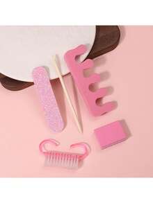Bộ 6 món dụng cụ làm móng, bộ làm nail nghệ thuật di động gồm dũa móng, miếng đệm mút, kẹp tách ngón chân, bàn chải làm sạch móng, que đẩy da gỗ, dụng cụ chăm sóc móng chuyên nghiệp cho làm nail DIY, dùng tại nhà và du lịch - Hồng - Xem 7