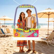 2D Party Photobooth Props, Vintage Hippie Groovy Theme Selfie Frame, Peace Love Sign & Colorful Floral Print Photo Props, Suitable For Groovy Theme Party, Hippie Style Birthday Party, Bohemian Festival - 1 - View 3