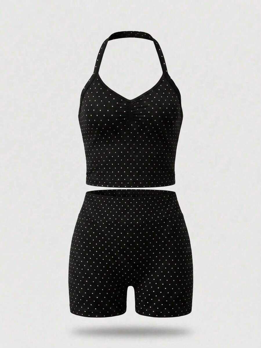Spaghetti Strap V-Neck Ruched Bust Cropped Camisole & High-Waisted Ruched Butt-Lifting Cycling Shorts, Soft Elastic Slim Fit Set, Suitable For Daily Fitness And Outings - Black and White - View 1