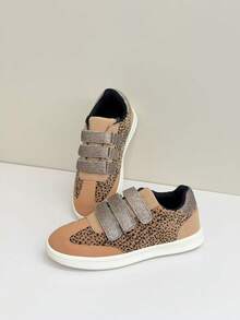 Leopard Print Patchwork Fashion Hook & Loop Skate Shoes For Boys & Girls, Comfortable Versatile Student Sneakers - Mocha Brown - View 1