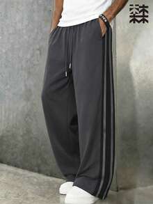 mulinsen Men's Side Colorblock Striped Wide Leg Sweatpants, Drawstring Elastic Waistband, Casual Streetwear Long Pants - Dark Grey - View 5