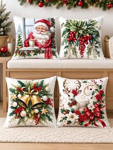 shangxia 4PCS--Winter Floral Deer Pillowcase, Red Berry Bell Character Illustration Sofa Decorative Cushion Cover--(Pillow Insert Not Included)-- (Multiple Sizes) - Multicolor - View 2
