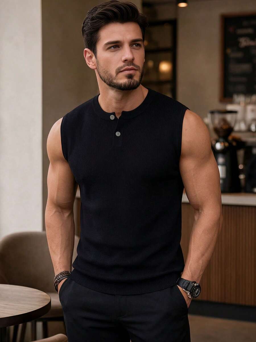 ALTZTAR Men's Knitted Sleeveless Ribbed Henley Neck Tank Top - Black - View 1