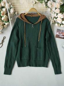 Women's Colorblock Hooded Zip-Up Knit Cardigan, New Autumn/Winter Style, Dark Green Argyle Jacquard Fabric With Brown Hood Trim And Drawstring, Round Ring Zipper + Dual Side Pockets Design, Ribbed Hem, Loose Casual Fit For Daily Wear, Outings And Commuting - Dark Green - View 5