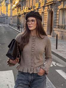 French Gentle Style Ruffle Trim Knitted Cardigan For Women, Early Autumn Short Cropped Gold Button Waist-Cinching Slimming Sweater Jacket, Versatile For Daily Commute And Date - Khaki - View 4
