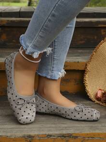 Women's Casual Elegant Comfortable Polka Dot Ballet Shoes Square Toe Loafers - Grey - View 5