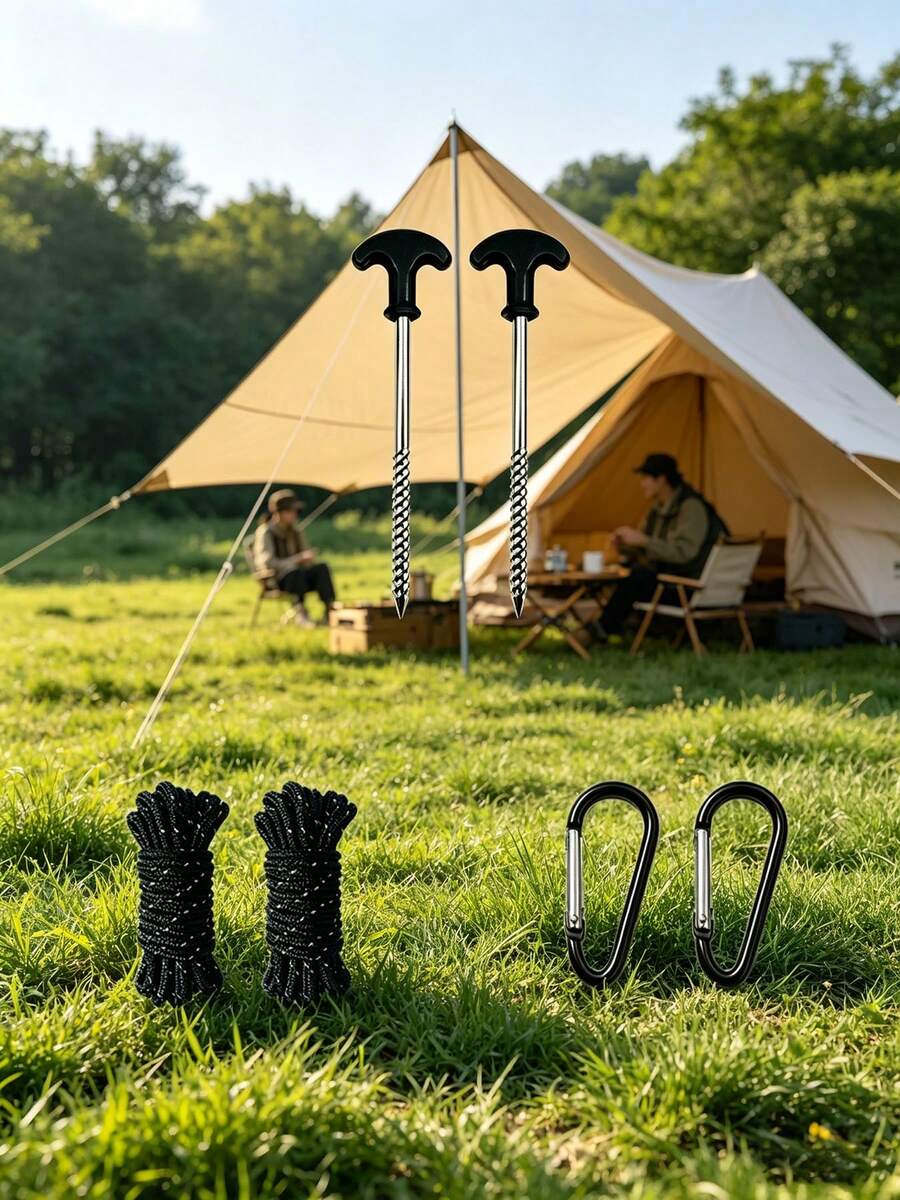 3PCS.6PCS. Spiral T-Handle Tent Stake Set Heavy Duty Screw Pegs With Tent Guy Rope D-Ring Buckle Outdoor Camping Tent Accessories - Multicolor - View 1