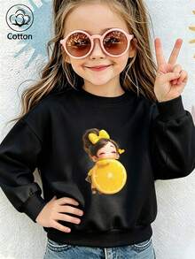 Girls' Cute Printed Drop-Shoulder Round-Neck Long-Sleeve Casual Sports Sweatshirt - Black - View 10