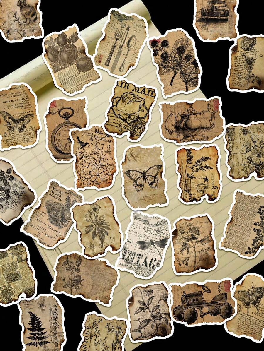 50pcs Vintage Manuscript Stickers For Scrapbook, Planner, Notebook, Greeting Card, Envelope, Guitar, Skateboard, Diary, Luggage, Fridge, Window, Wardrobe, Holiday Birthday Gift, Study Reward Sticker Decals - Vintage Manuscript - View 1