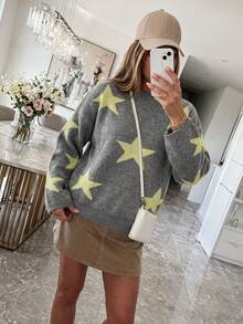 American Casual Style Colorblock Large Star Jacquard Knit Top Women's Loose Long Sleeve Pullover Sweater Round Neck Dropped Shoulder All-Over Pentagram Jacquard Texture Soft Skin-Friendly Breathable Knit Fabric Early Autumn Casual Top - Dark Grey - View 5