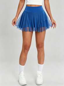 1pc Sexy Mesh Asymmetrical Design Fashion Yoga Tennis Outdoor Walking Women's Sports Skort - Royal Blue - View 5