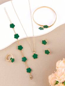 6pcs/Set Lucky Clover Design Bracelet, Necklace, Earrings, Bangle, And Ring - Green - View 4